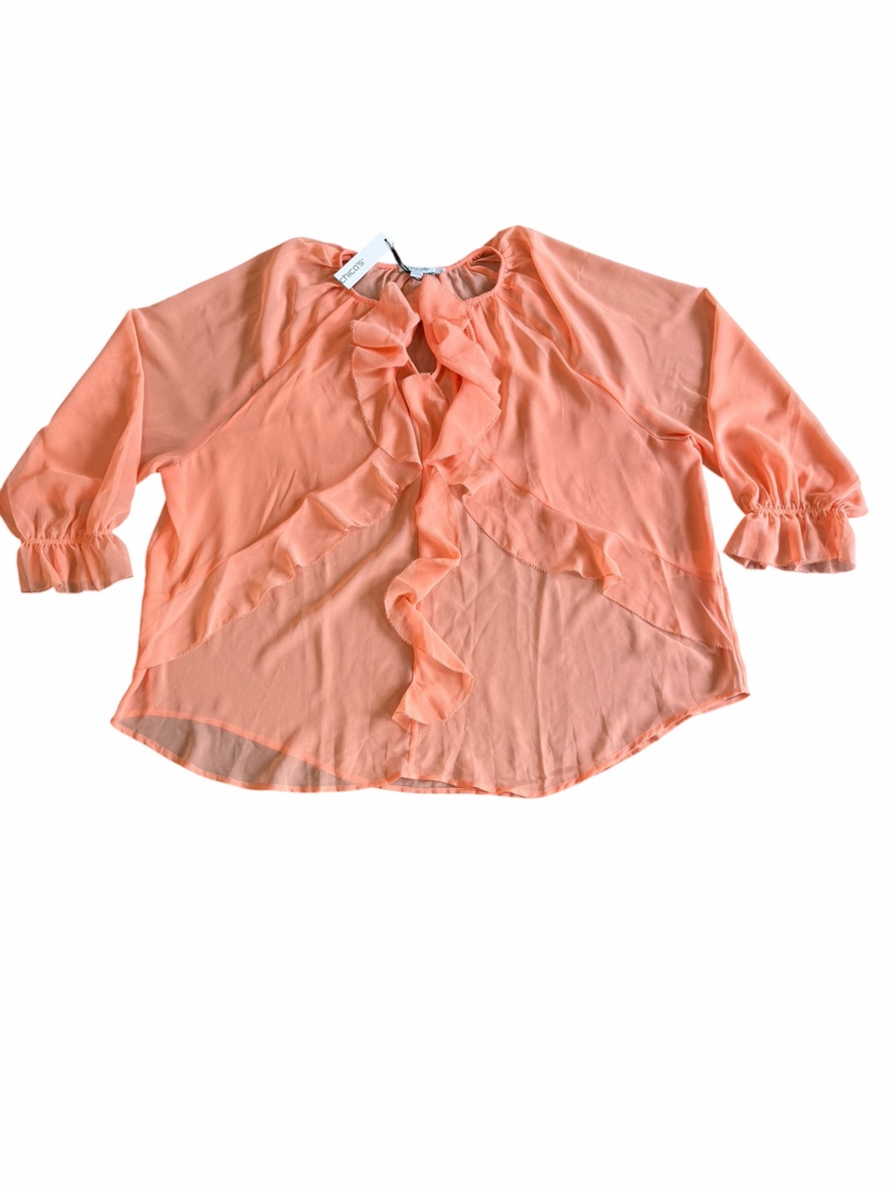 Chico’s Coral Blossom Sheer Ruffle Blouse Size 4 (XL) NWT 3/4 Sleeve Lightweight